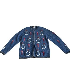 Vintage Christopher & Banks Wool Christmas Sweater Womens L Snowman Cardigan